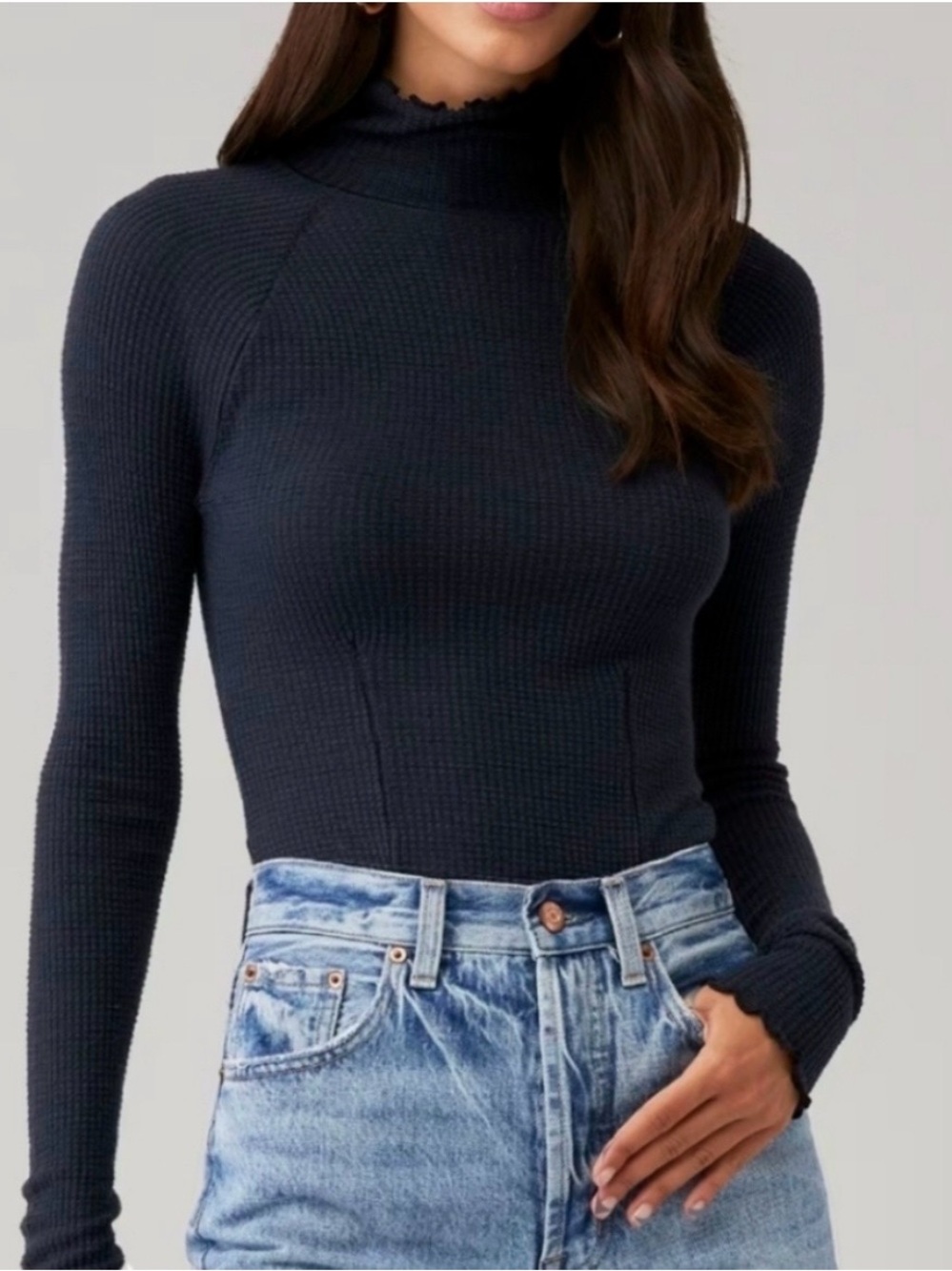 Free People Black Ribbed Long-Sleeve Mock Neck Top